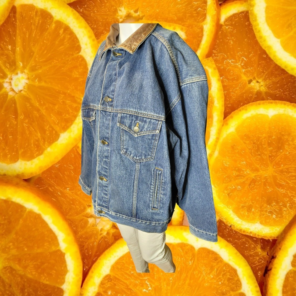 Marlboro Country Store Denim Jacket Leather Collar Plaid Flannel Lined Blue XL